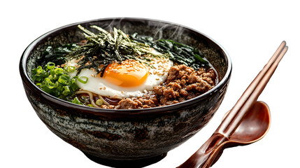 Steaming hot savory ramen bowl with perfect fried egg, seasoned ground meat, fresh greens, and nori, ready for a delicious meal.