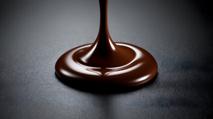 Melted chocolate drips onto a dark surface, creating a rich texture.