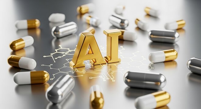 Golden AI letters surrounded by pills a concept for artificial intelligence in medicine pharmaceutical research and development