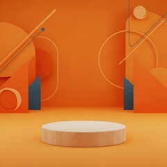 Minimalist Product Display Podium on Orange Geometric Background.
