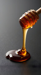 Dripping Honey from Wooden Dipper on Dark Surface