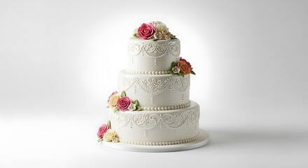 Elegant Three-Tier Wedding Cake Adorned with Delicate Floral Accents.