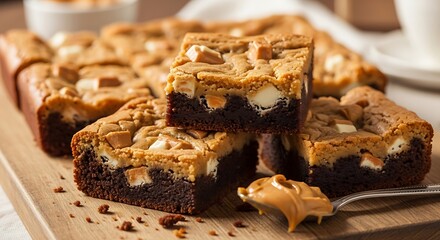 Delicious Peanut Butter Brownie Bars on Wooden Board.