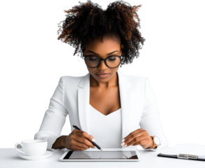 Woman using tablet with stylus on transparent background
