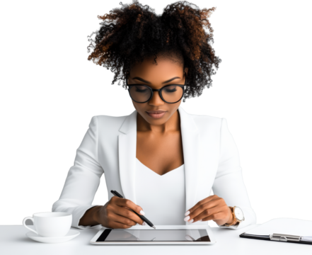 Woman using tablet with stylus on transparent background