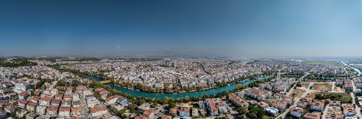 Daytime landscape of the city of Manavgat. View from the air.