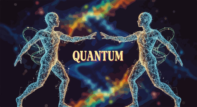 Quantum physics illustration with human figures connected by energy field, glowing particles background. Scientific concept vector design for educational posters.