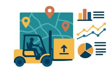 Forklift operator moving cargo with location tracking and analytics charts