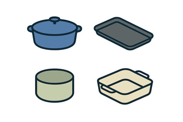 Isometric icons of cooking pots and various baking dishes