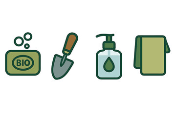 Gardening cleaning supplies icons set organic soap trowel sanitizer towel