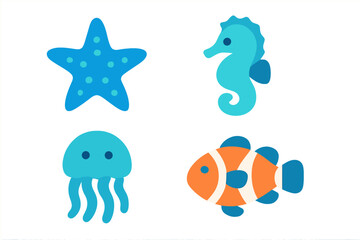 Set of cute stylized sea creatures including starfish, seahorse, jellyfish, and clownfish