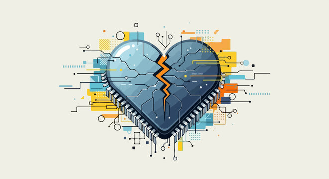 Broken heart circuit board vector illustration, digital connection failure, technology breakdown concept, abstract data loss symbol.