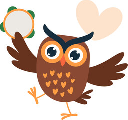 Adorable owl celebrating with a tambourine and a heart, perfect for children's designs, adding joy and whimsy to any project for a cheerful and playful feel