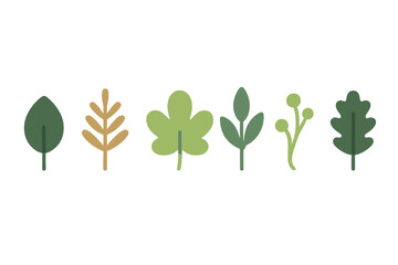 Six stylized botanical leaves and plant icons in muted green and brown tones