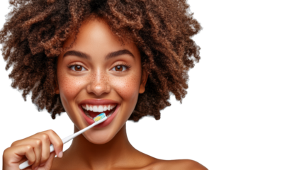 Smiling woman brushing teeth with toothbrush on Transparent Background