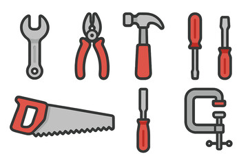 Basic carpentry and repair hand tools icons set for construction and maintenance
