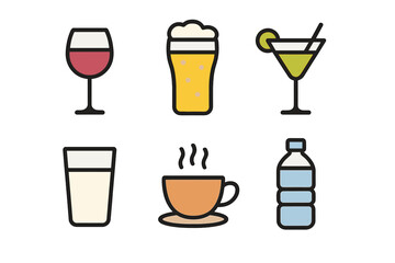 Set of various beverage icons including wine, beer, cocktail, milk, coffee, and water bottle