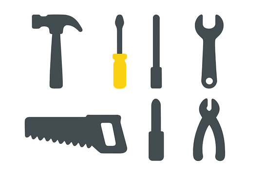 Basic set of essential hand tools icons featuring hammer saw wrench and pliers