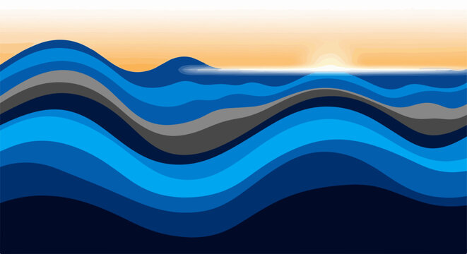 Abstract ocean waves vector art with sunrise horizon, modern fluid design for seascape concept. for branding, packaging, banner, poster, website header, and social media design use