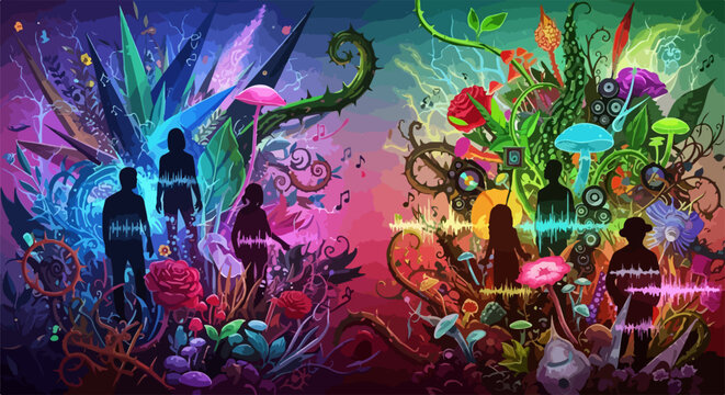 Psychedelic fantasy landscape vector art with silhouettes of people and vibrant flora, representing inner world and connection.