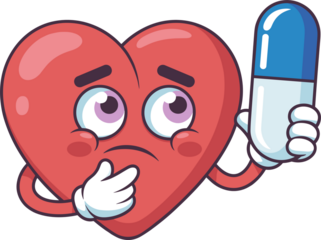 Worried cartoon heart ponders taking medicine, a visual representation of health concerns, medical decisions, and the importance of taking care of yourself