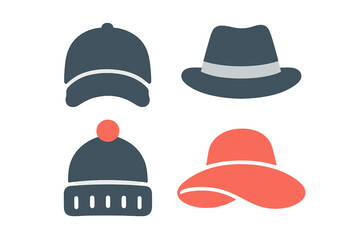 Four stylized headwear icons: baseball cap, fedora, beanie, and sun hat