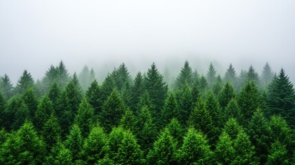 Explore a serene mountainous area where tall evergreen trees emerge from a blanket of mist, creating a mystical atmosphere perfect for contemplation and adventure