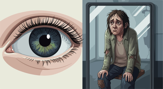 Close up human eye and reflection of sad person in mirror, vector illustration. Sadness and self perception concept, vector art.