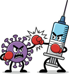 Vaccine battles vicious virus in cartoon fight for health, offering hope for a brighter future and protection against illness with vaccination power