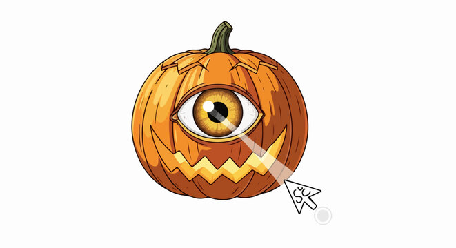 Halloween pumpkin with single eye and carved face, vector illustration. Spooky pumpkin icon with light beam from eye, cursor pointing. Autumn holiday symbol for design.