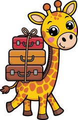 Obraz premium Adorable giraffe character on exciting travel adventure with a stack of vintage suitcases ready for exploring new places and making lasting memories