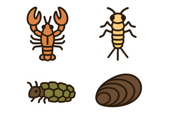 Collection of freshwater aquatic invertebrate icons including crayfish, larva, and mollusk © Alan