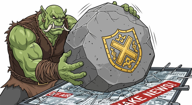 Green orc presses rock with shield onto newspaper spread with "fake news". Mythical creature suppresses print media, crushing misleading reports. Conceptual illustration depicting censorship,