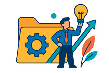 Business professional with lightbulb near folder showing gear and upward trend