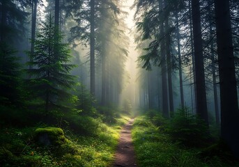 Obraz premium Sunlit Path Through a Verdant Forest - A Serene Nature Scene.