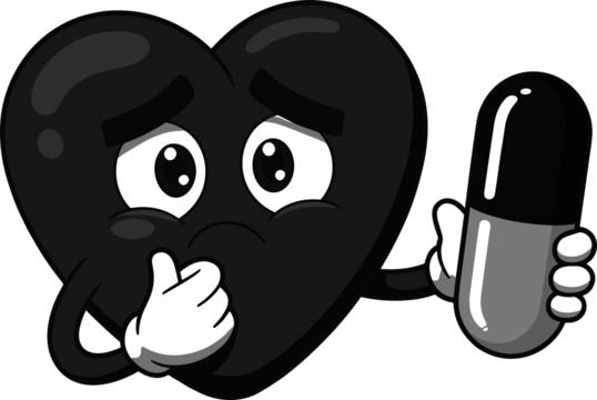 Worried heart seeks relief, cartoon character offers medication, health and wellness journey, healthcare support, emotional vulnerability, mental health awareness