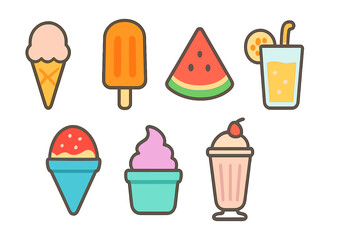 Colorful frozen desserts and cold beverage icons for summer themes