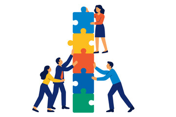 Diverse business team stacking colorful puzzle pieces to build structure