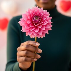 Woman Holding a Pink Dahlia Flower in a Romantic Setting.