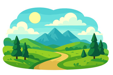 Fototapeta premium Winding dirt road through green rolling hills toward blue mountains under sunny sky