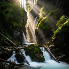 Sunlit Cascade - A Serene Waterfall Scene in Lush Forest.
