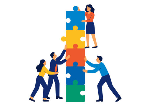 Diverse business team stacking colorful puzzle pieces to build structure