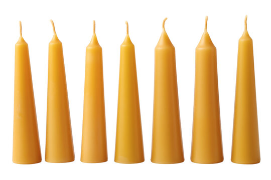 Seven wax candles displayed with various shapes . Isolated on transparent background, png