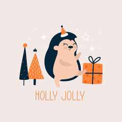 Festive card with a cheerful hedgehog, gifts, and a Christmas tree. Handwritten holiday lettering: "Holly Jolly"