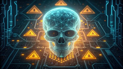 Futuristic Skull Blueprint with Caution Symbols and Grid Design