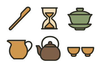 Asian tea ceremony service icons set featuring brewing timer and utensils