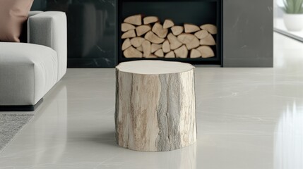 The modern living room features a wooden stump coffee table adorned with candles, a warm fireplace, and a plush pink blanket draped over the sofa