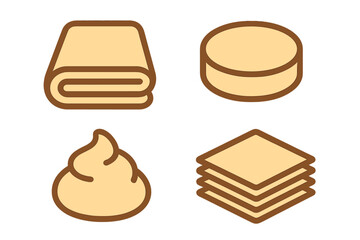 Four stylized icons: folded towel, cheese wheel, whipped cream, and stacked sheets