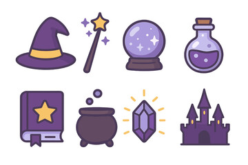 Collection of cute purple magic and fantasy symbols: hat, wand, and crystal