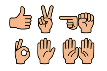 Set of common hand gestures icons including thumbs up peace sign pointing fist and okay